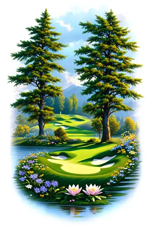 Golf Course Landscape Rolling Hills Flowers Pine Trees Water Lily Larkspur Lace