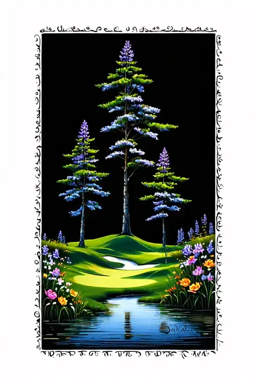Golf Course Landscape Rolling Hills Flowers Pine Trees Water Lily Larkspur