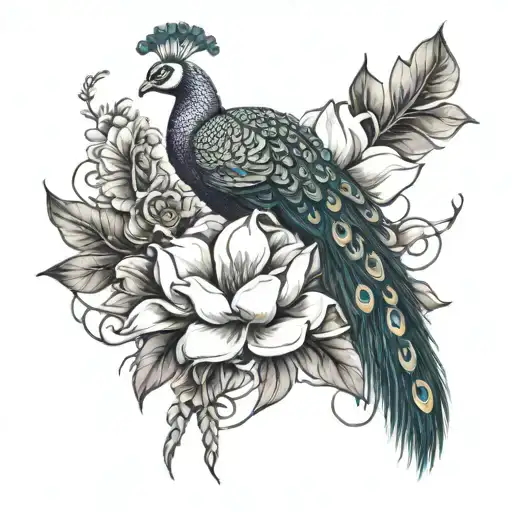 Magnolia Flower With Peacock And Thin Ropes