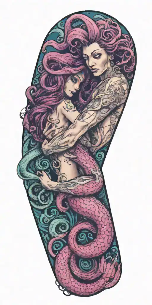 Kraken Hugging Sexy Mermaid With Tentacles Wrapping