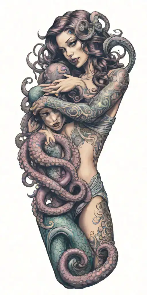 Octopus Hugging Sexy Mermaid With Tentacles Wrapping