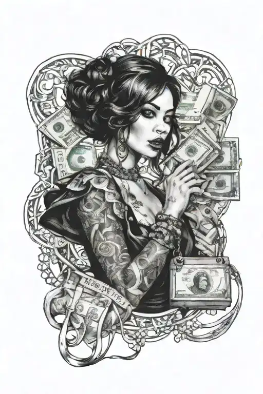 Girl With Fingertip In Mounth With Money Bag Bitch Prostitute