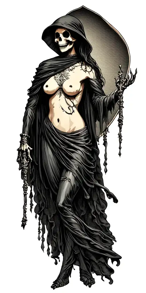 Topless Female Grim Reaper Full Body Standing Guard