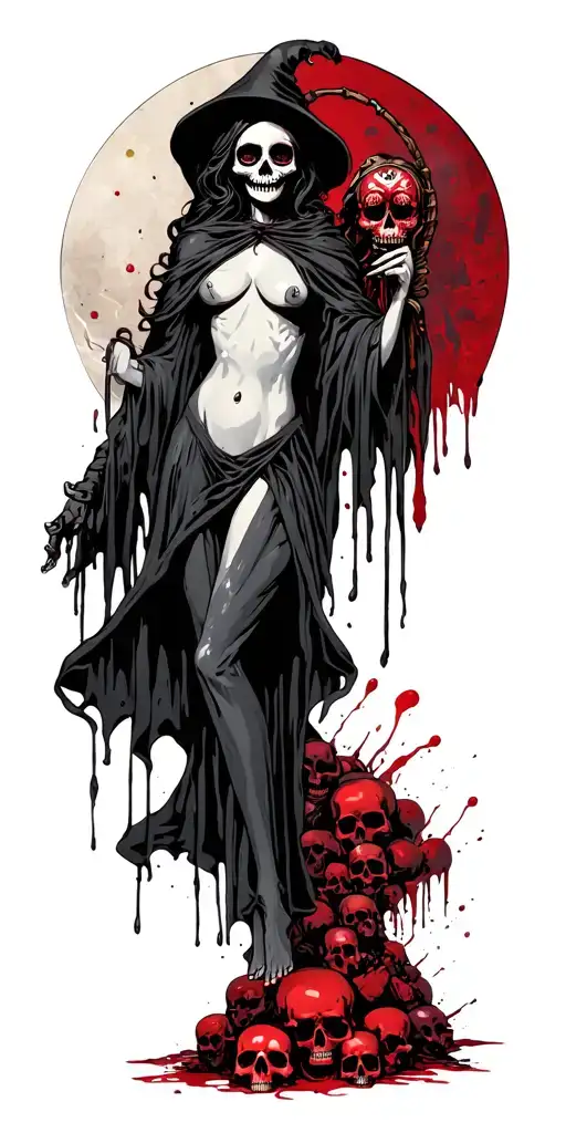Topless Female Grim Reaper Full Body With A Sugar Skull Face Standing On A Pile Of Bloody Skulls
