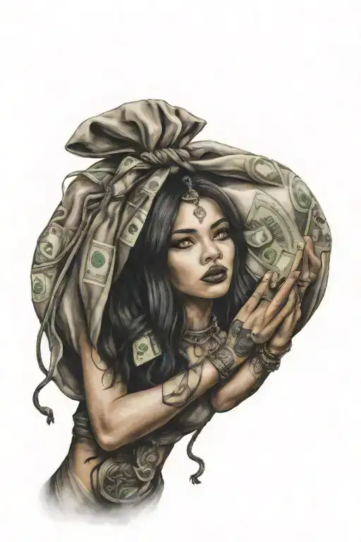 Girl With Fingertip In Mounth With Money Bag Filled