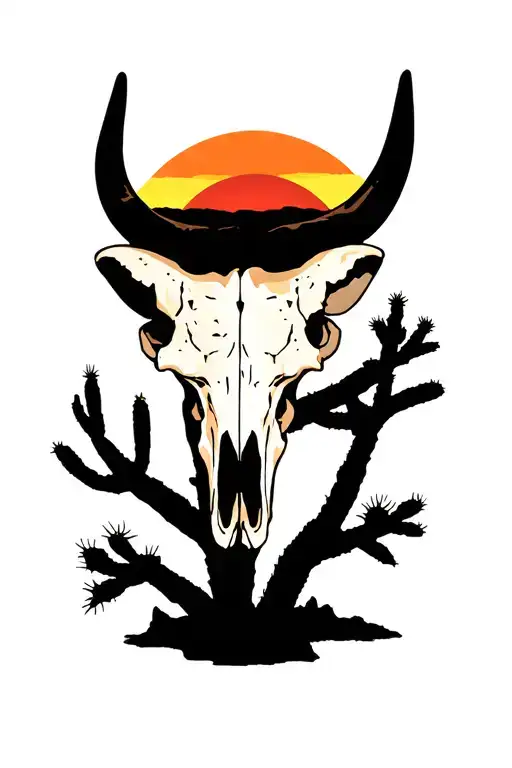 Desert Cactus Sun Setting Bull Skull