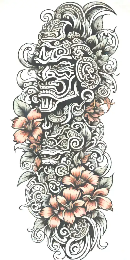 Mayan Warrior Tongue Out On Tongue Flowers Waves Mayan Tribal Pattern Mushrooms