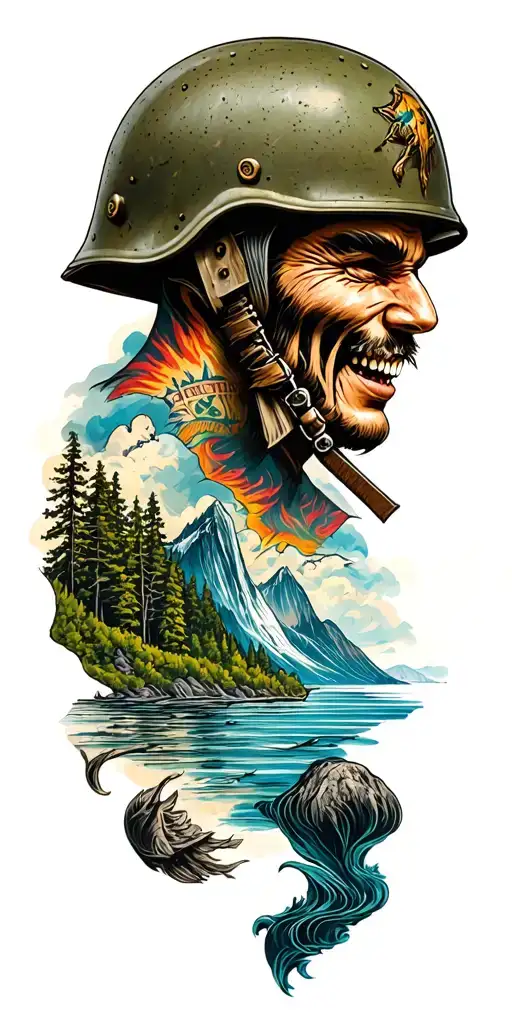 Military Helmet And Fjord And Nature