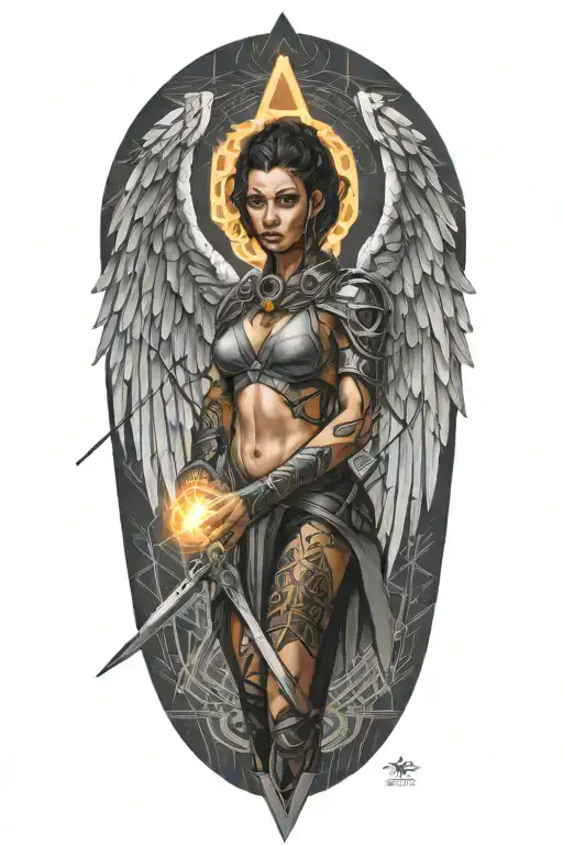 Cyberpunk Angel Holding Spear With Wings Of Light And Hexagonal Geometric Shapes In Background