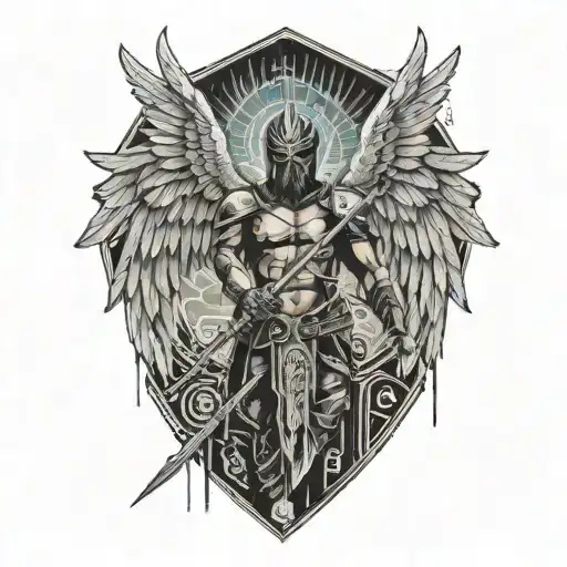 Cyberpunk Angel Holding Spear With Wings Of Light And Hexagonal Patterns Behind