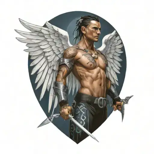 Cyberpunk Angel Holding Spear With Wings Of Light And Hexagonal Patterns Behind