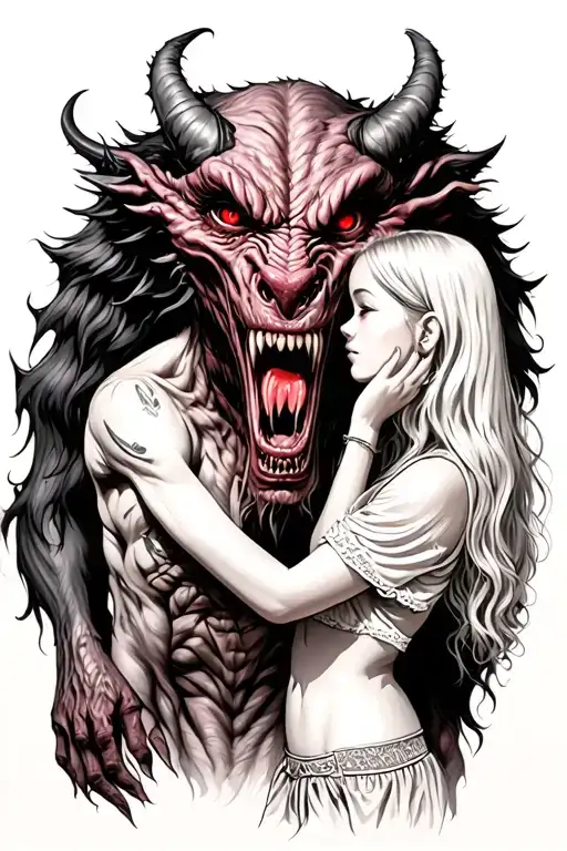 A Girl Soothing A Sad Demon Beast With Red Eyes