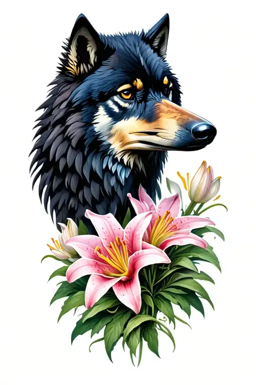 Raven And A Wolf Surrounded By Lily Flowers Growing