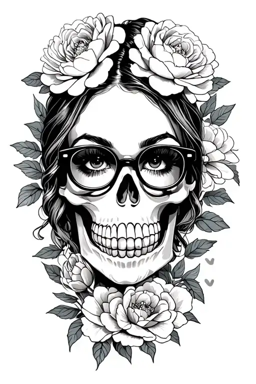 Sexy Woman With Glasses Candy Skull Surrounded By Peonies