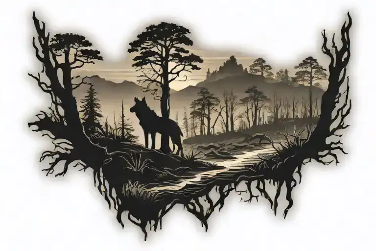 Dead Forest With Shadow Of A Wolf Silhouette