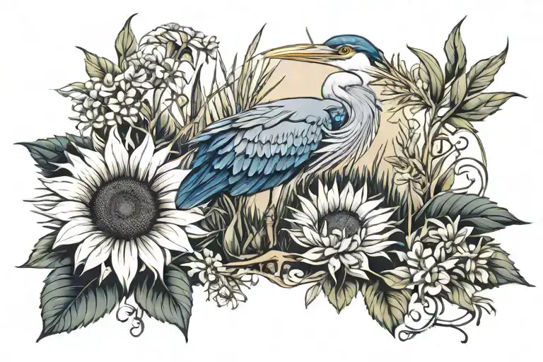 Sunflowers And Blue Heron Surrounded By Grasses