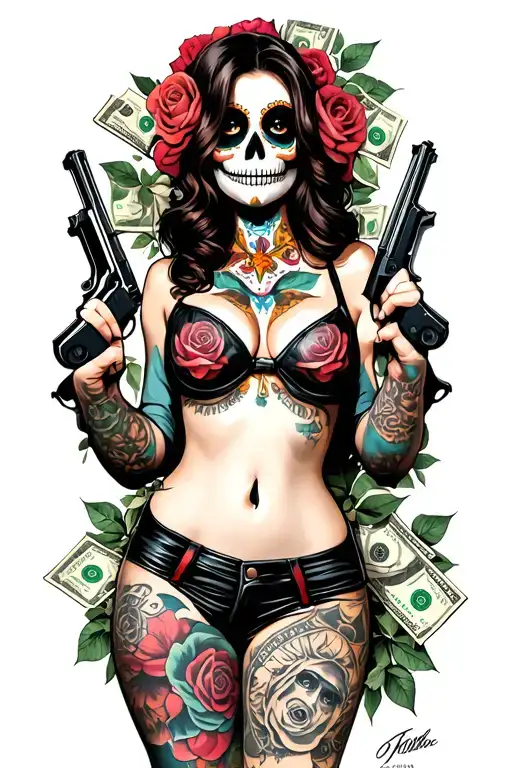 Day Of The Dead Sexy Woman Surrounded By Cash Guns And Roses