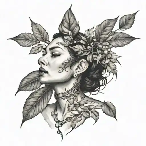 A Twig With Leaves On A Woman's Neck