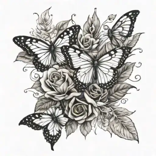 Butterflies And Roses And Leaves Intertwined
