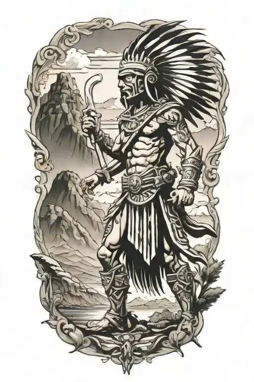 Historical Aztec Warrior In A Mountain Landscape