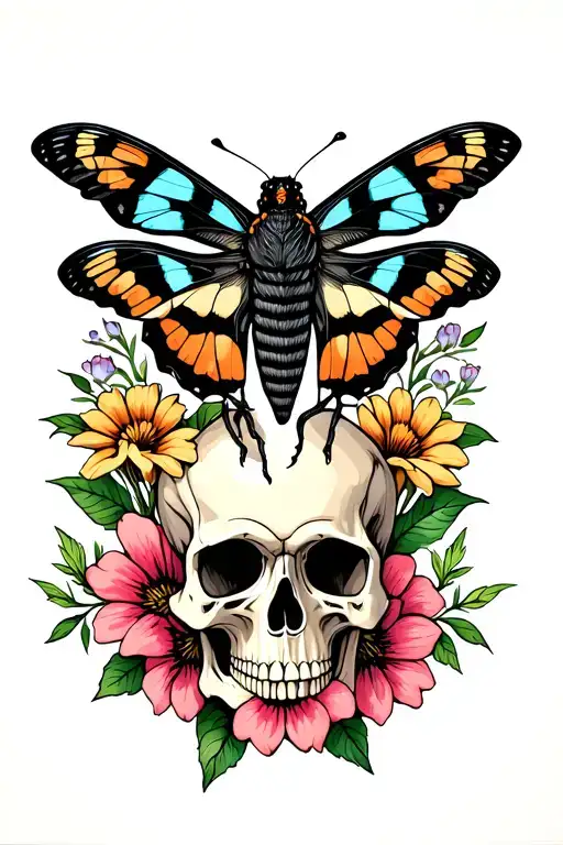 Moth And Flowers With A Skull