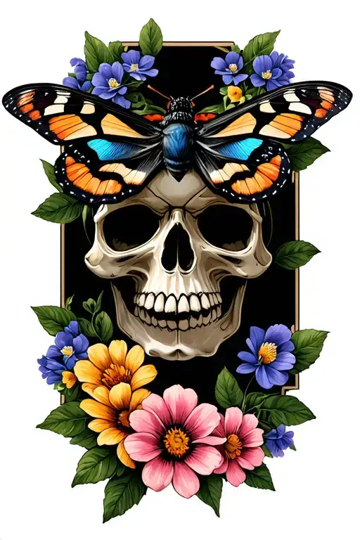 Moth And Flowers With A Skull