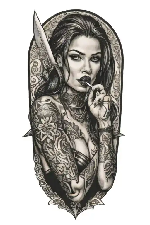 Sexy Woman Licking The Blade Of A Knife