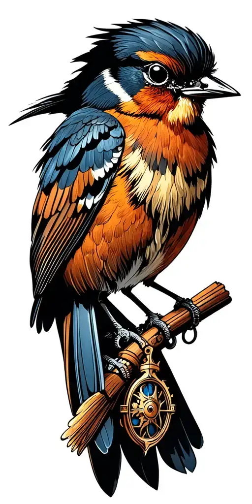 A Steampunk Inspired Tattoo Combining Steston With A Majestic Robin In A Blackwork Style