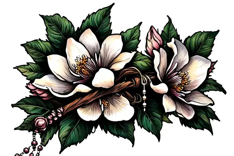 Magnolia Flowers With Rosary Wrapped Loosely