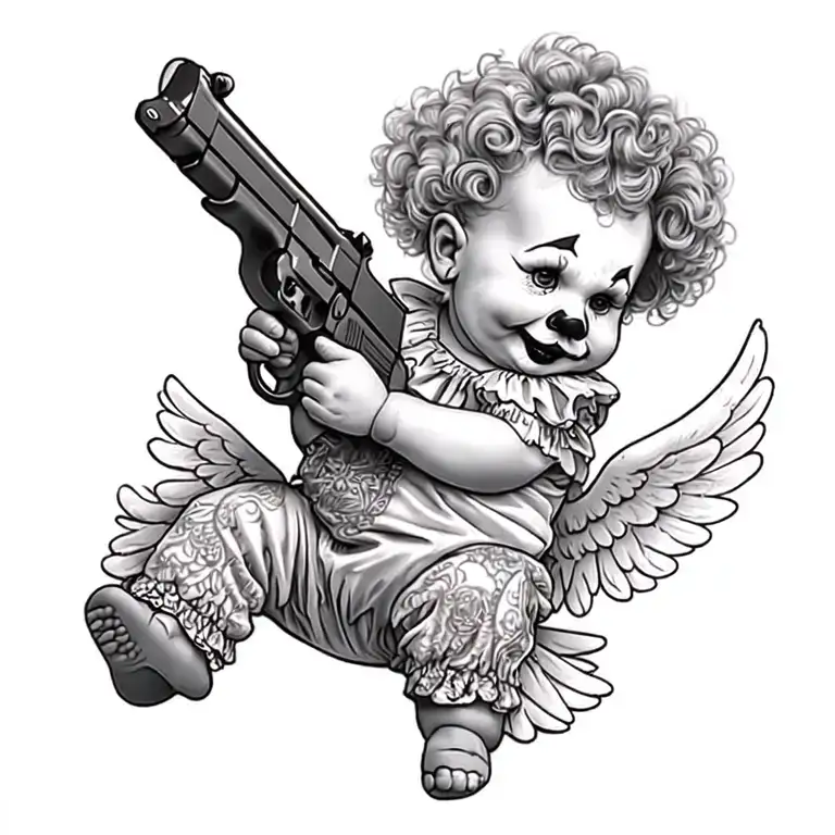 Clown Baby Angel Holding Gun