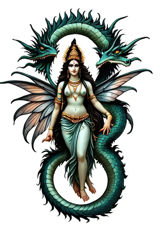 A Dragon Circles Around A Beautiful Fairy With Lord Shiva