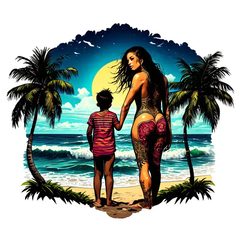 A Woman And Her Child Standing Far Away On Beach