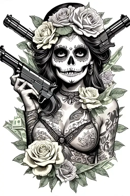 Day Of The Dead Sexy Woman Surrounded By Cash Guns And Roses