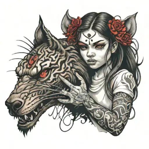 A Girl Soothing A Snarling Beast With Red Eyes