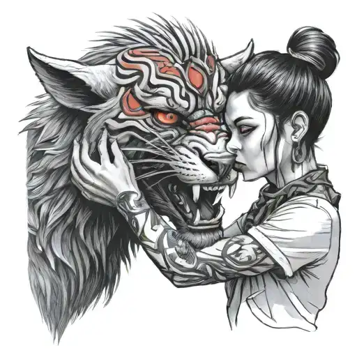 A Girl Soothing A Snarling Beast With Red Eyes