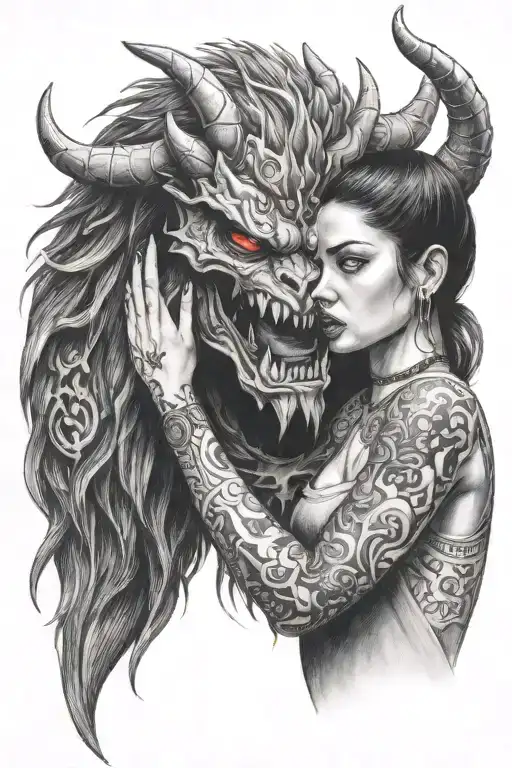 A Girl Soothing A Large Snarling Demon Beast With Red Eyes