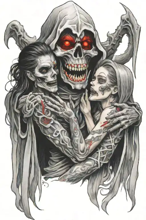 A Girl Soothing A Large Snarling Demon Reaper With Red Eyes