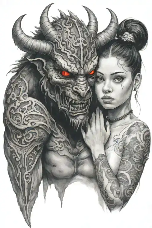 A Girl Soothing A Sad Demon Beast With Red Eyes