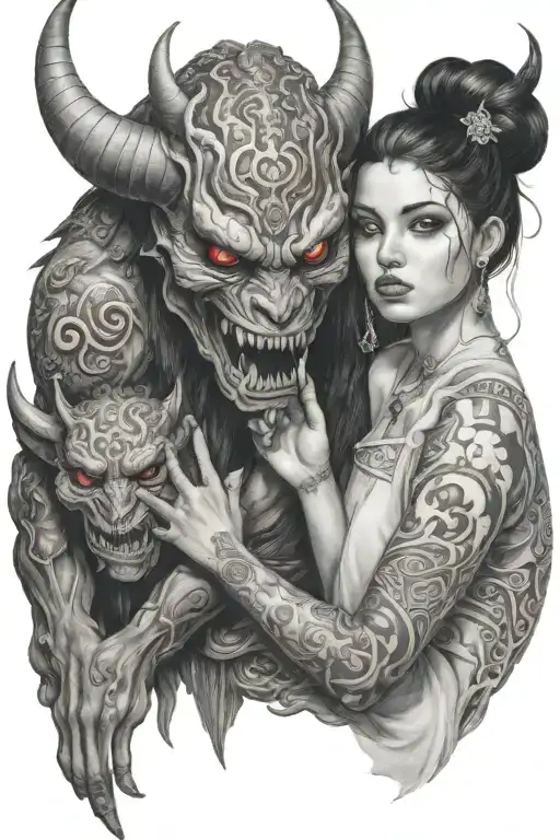 A Girl Soothing A Sad Demon Beast With Red Eyes In The Disance