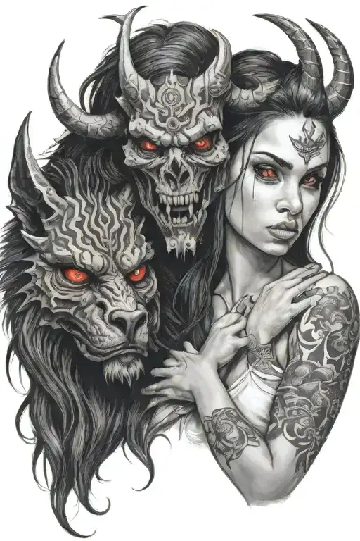 A Girl With Her Hair Down Soothing A Sad Demon Beast With Red Eyes