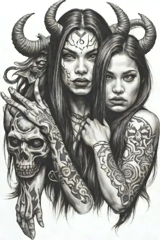 A Girl With Long Hair Holding Hands With A Demon