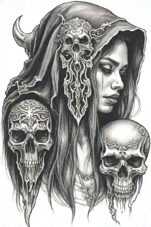 A Sad Girl With Long Hair Holding Hands With A Reaper