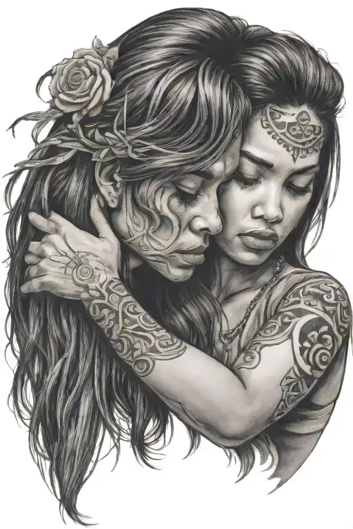 A Girl With Long Hair Comforting A Figure In Black