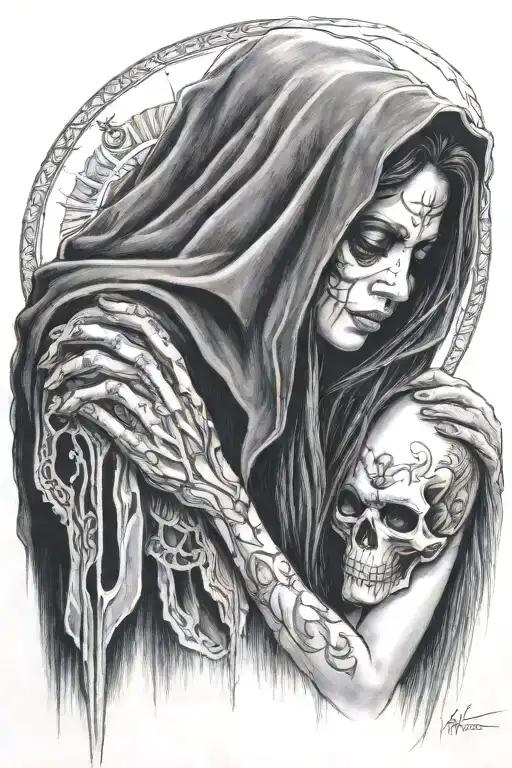 A Girl With Long Hair Comforting A Large Cloaked Grim Reaper