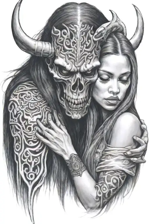 A Girl With Long Hair Comforting A Large Cloaked Demon