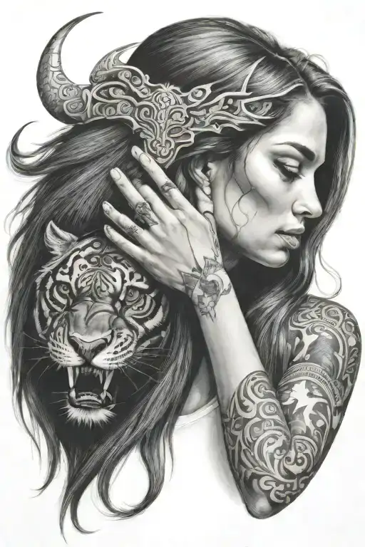 A Girl With Long Hair Soothing A Shadowy Beast