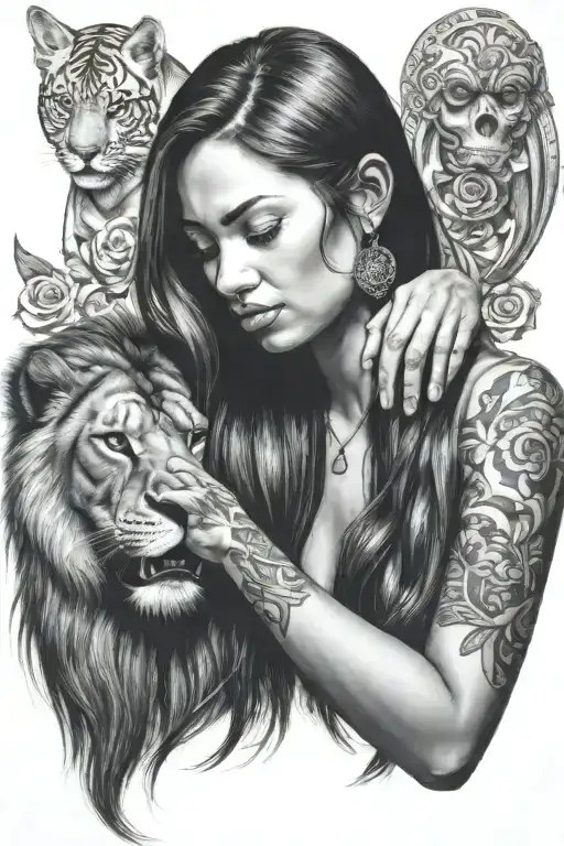 A Girl With Long Hair Soothing A Shadowy Beast