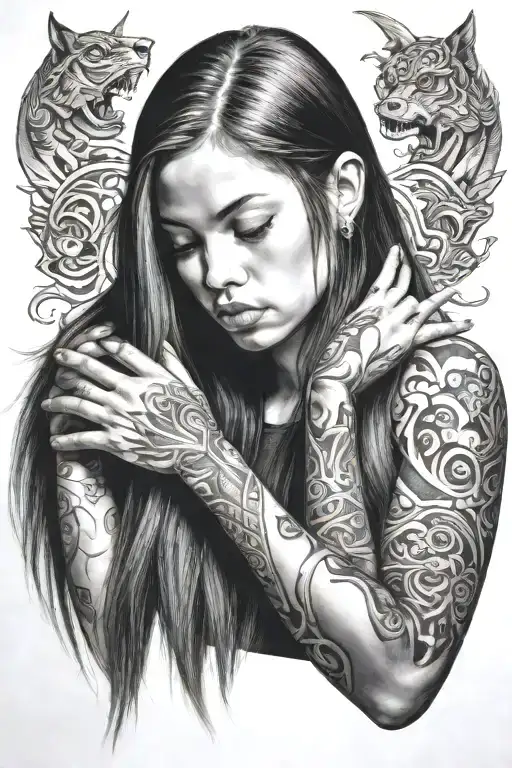 A Girl With Long Hair Soothing A Large Shadow Creature