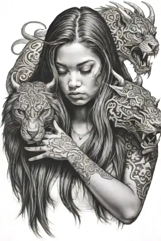 A Girl With Long Hair Soothing A Huge Shadow Beast