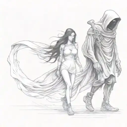 A Girl And A Hooded Reaper Walking Side By Side